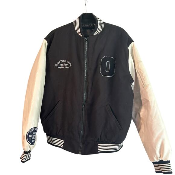 Limited Edition by Boohoo Man Worldwide Varsity Bomber Jacket Black SZ 8 Lined - Picture 2 of 13